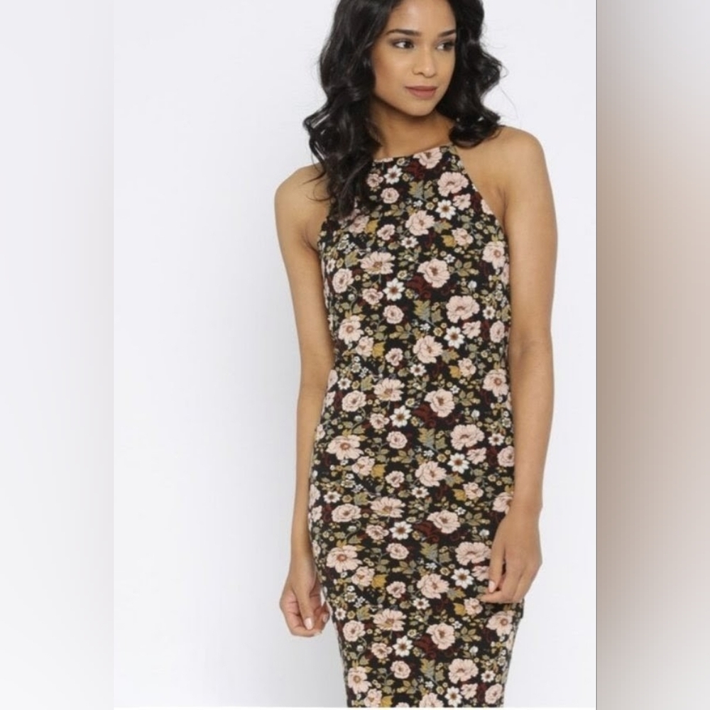 Forever 21 Black and Cream Floral Bodycon Midi Dress Size Small